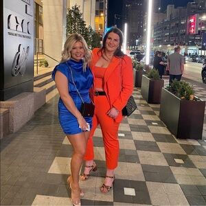 Express orange suit - peak lapel double breasted blazer, ankle pants & crop top